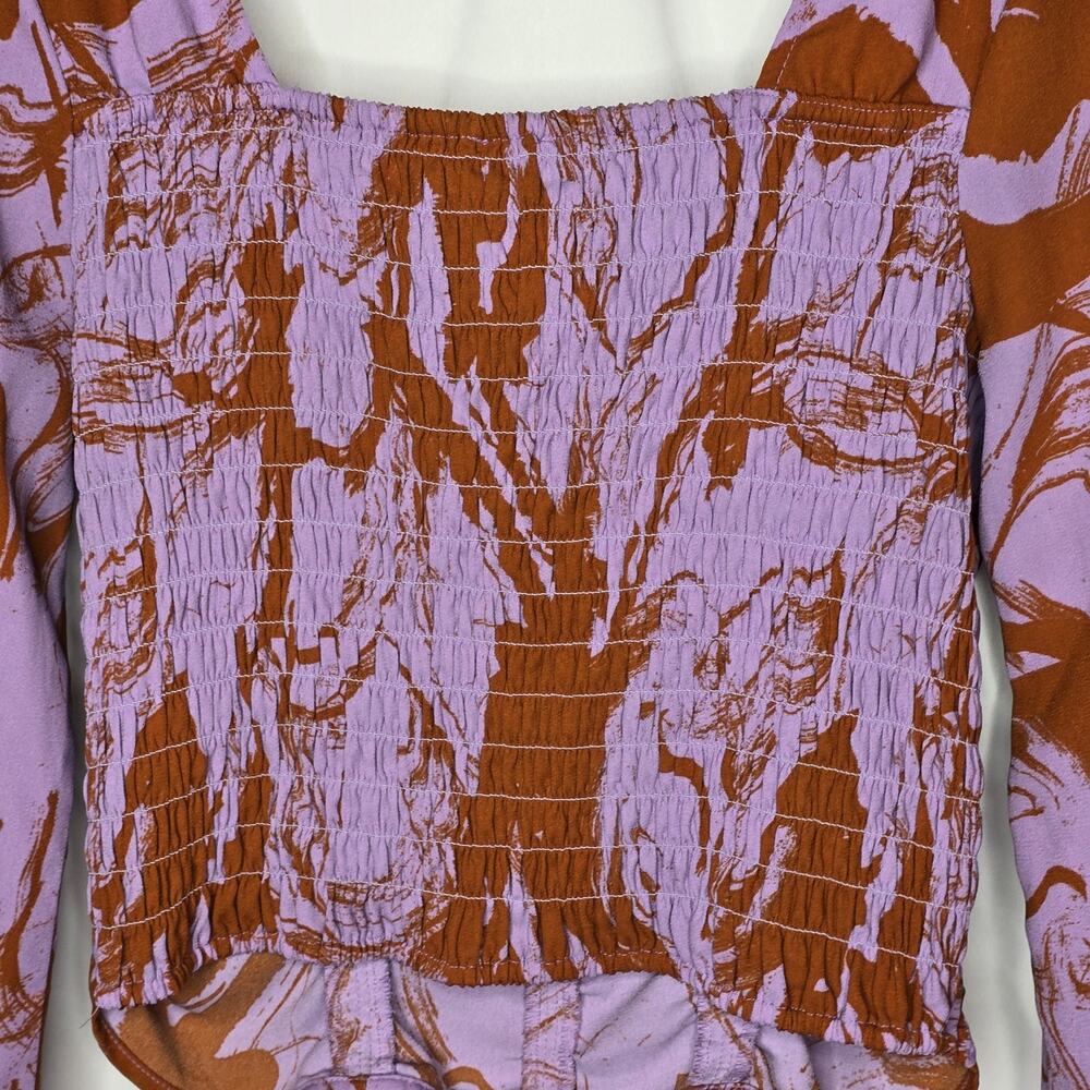 Open Edit Lavender Rust-Brown Abstract Floral Print Ruched Crop Top Size Large - Picture 7 of 7